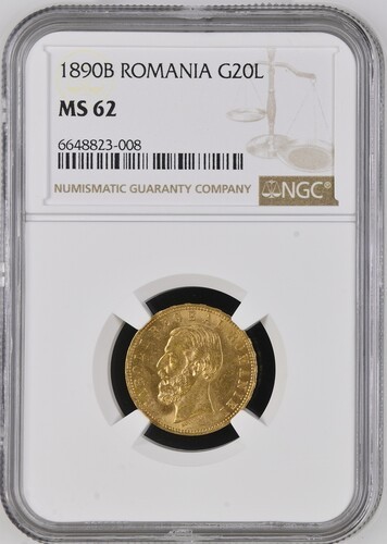 Moneda AUR 20 lei 1890, Carol I, MS62, certificata si gradata de NGC