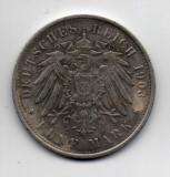 Monedă 5 mărci, ARGINT (16 grame) Germania, 1903, Europa