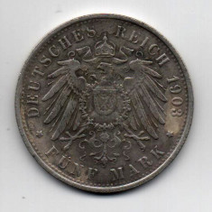 Monedă 5 mărci, ARGINT (16 grame) Germania, 1903
