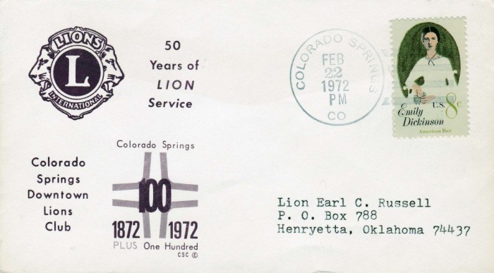 Plic LIONS CLUB, Colorado Springs, Colorado, S.U.A., 22 February 1972