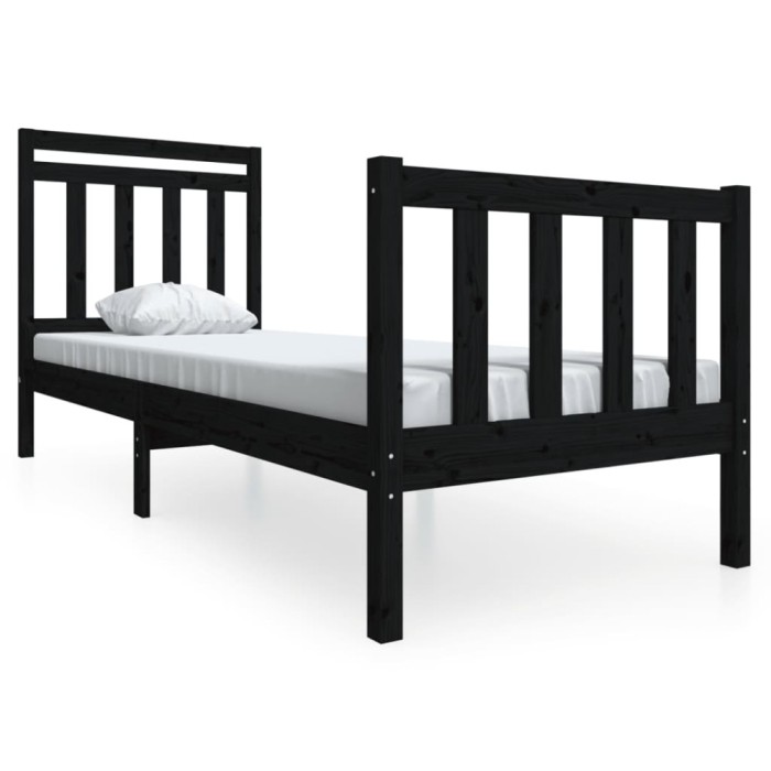 Cadru de pat mic single, negru, 75x190 cm, lemn masiv