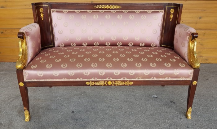 CANAPEA STIL EMPIRE-LEMN ,BRONZ DORE SI ALAMA AURITA-DECOR CU LEBEDE SI ALBINE-FRANTA CCA 1900