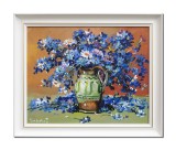 Cumpara ieftin Tablou Vaza cu albastrele si margarete pictat manual in ulei pe panza inramat 60x50cm, reproducere Stefan Luchian