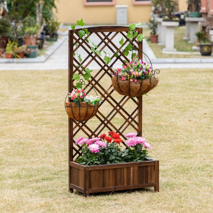 Outsunny Jardiniera pentru Exterior din Lemn, Jardiniera cu Spalier pentru Plante Agatatoare si Pat de Flori Inaltat, 60x30x122.5 cm, Maro