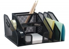 Organizer Metalic Mesh, De Birou, 6 Compartimente + Suport Banda Adeziva, Q-connect - Negru foto
