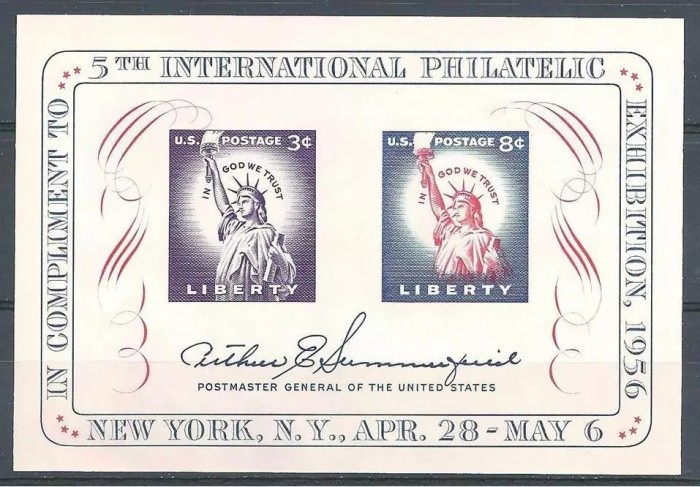 SUA 1956 - Expo filatelic, timbru pe timbru, colita neuzata