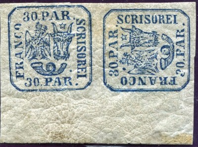 1864 , Lp 13 b , Principatele Unite 30 Parale , pereche intoarsa 90 grd. - margine coala MH foto