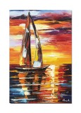 Cumpara ieftin Tablou pictat manual birou, hol, living, dormitor, Apus de soare cu velier, 60x40cm ulei pe panza in cutit efect 3D