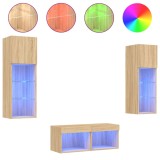 Cumpara ieftin Comode TV de perete cu lumini LED, 4 piese, stejar sonoma
