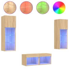 Comode TV de perete cu lumini LED, 4 piese, stejar sonoma