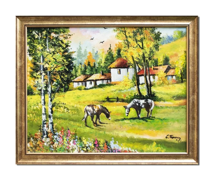 Tablou peisaj rural cu cai, pictat manual inramat, 55x45cm ulei pe panza, Constantin Feraru