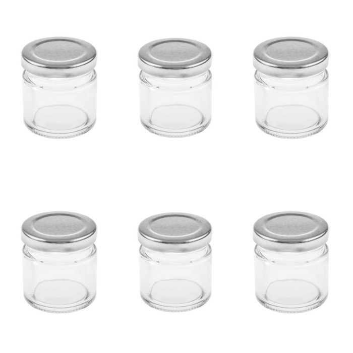 Set 6 borcane din sticla, cu capac metalic, transparent, 55ml, 5x5 cm