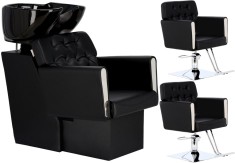 Set Scafă coafor Maya + 2 scaune coafură cu suport hidraulic pivotant, accesorii și bol ceramic