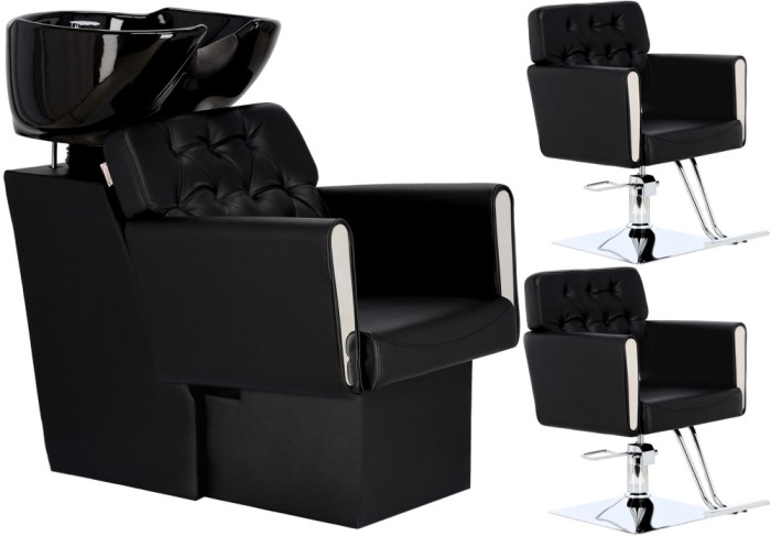 Set Scafă coafor Maya + 2 scaune coafură cu suport hidraulic pivotant, accesorii și bol ceramic