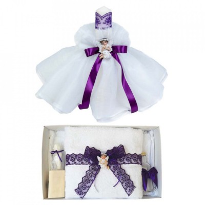 Lumanare botez tul si ingeras si trusou botez dantela, decor Mov, Denikos&amp;reg; 626 foto