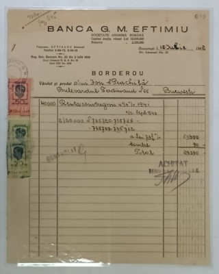 BANCA G. EFTIMIU , BUCURESTI , BORDEROU , EMIS LA 15 IULIE , 1942 foto