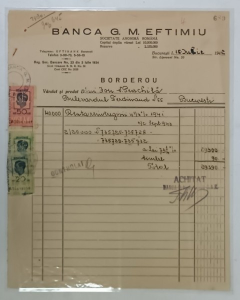 BANCA G. EFTIMIU , BUCURESTI , BORDEROU , EMIS LA 15 IULIE , 1942
