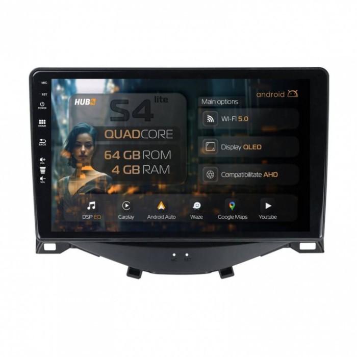 Navigatie Citroen C1 / Peugeot 108 / Toyota AYGO (2014-2022) 4GB RAM Android 13 Quadcore DSP GPS Wi-FI Carplay Android Auto USB Bluetooth Waze Touchsc