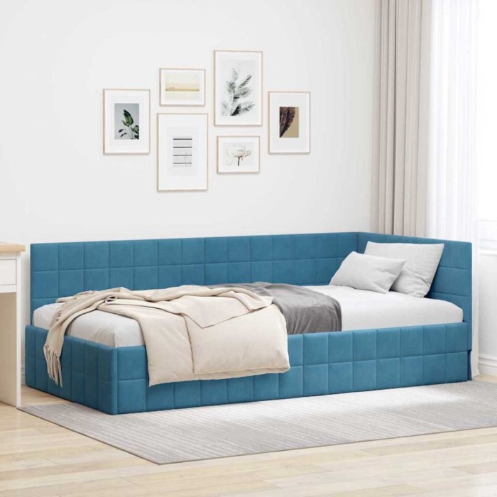 Cadru de pat colțar cu headboard albastru 90 x 200 cm Catifea