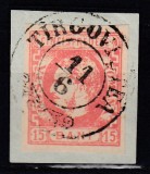 ROMANIA 1869 LP 27 REGELE CAROL I CU FAVORITI 15 BANI ROSU/FRAGMENT STAMPILAT TARGOVISTEA