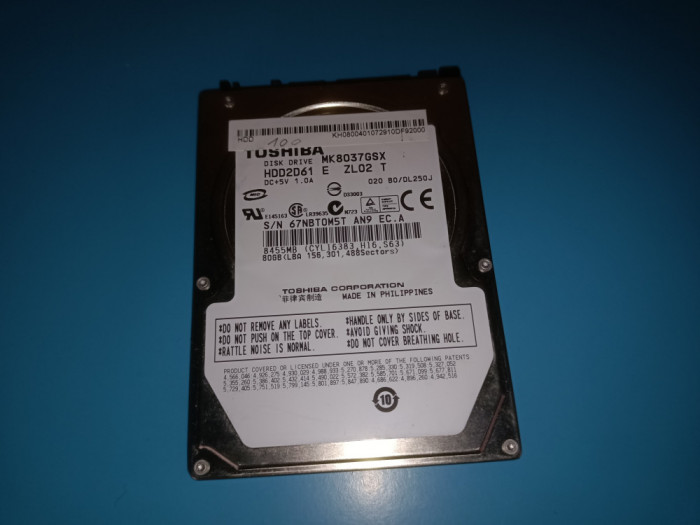 Hard Sata 80Gb 2,5&quot; Toshiba 100% sănătate