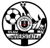Ceas de perete decorativ realizat din disc de vinil, Model Universitatea Cluj, Fotbalist in Foarfeca si Mingi, Text Cluj Universitatea, Negru, 30 cm