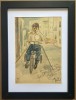 Tablou 1962 Iasi Zugravi Copil pe tricicletă pictura acuarele inramat 35x46cm, Portrete, Carbune, Realism