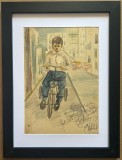 Tablou 1962 Iasi Zugravi Copil pe tricicletă pictura acuarele inramat 35x46cm, Portrete, Carbune, Realism