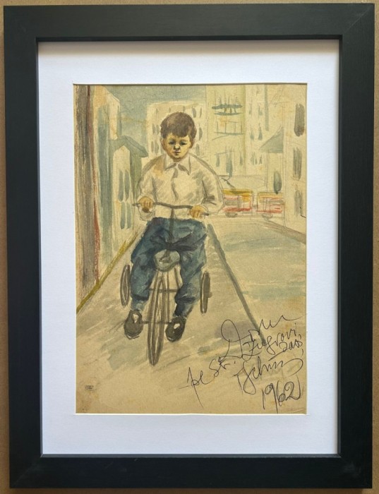 Tablou 1962 Iasi Zugravi Copil pe tricicletă pictura acuarele inramat 35x46cm