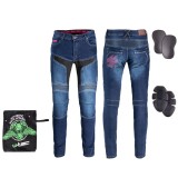 Pantaloni moto dama W-TEC Alfreda CE din denim elastic, albastri