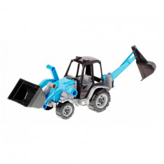 Tractor jucarie cu excavator frontal si incarcator spate, 60 cm, model 145-Culoare Albastru