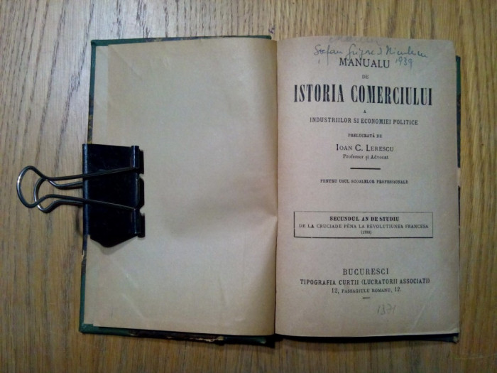 MANUALU DE ISTORIA COMERCIULUI SI ECONOMIEI POLITICE - Ioan C. Lerescu - 1871