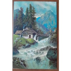 Carte postala, cabana in munti, desenata, perioada interbelica