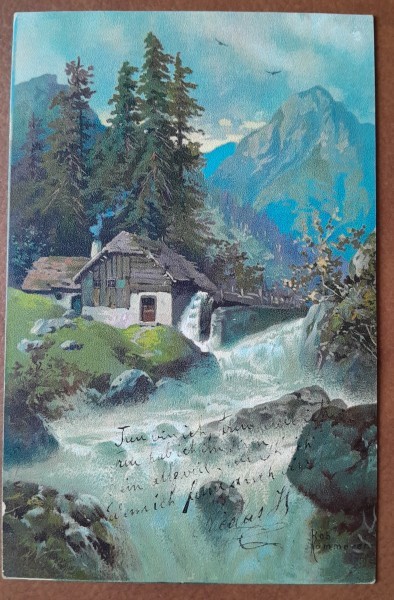 Carte postala, cabana in munti, desenata, perioada interbelica