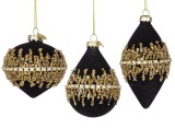 Cumpara ieftin Set 12 globuri brad Craciun sticla catifea neagra sclipici auriu Luxury 7,3x7,3x10,3h; 8,5x8,5x8h; 7x7x12,3h