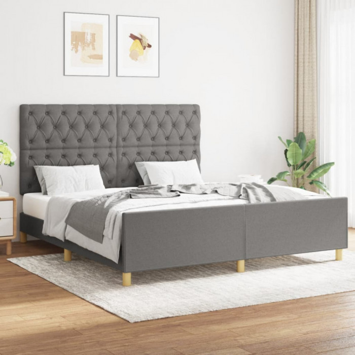 vidaXL Cadru de pat cu tăblie, gri &icirc;nchis, 160x200 cm, textil