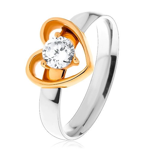 Inel din oțel - bicolor, contur subțire de inimă, zirconiu rotund, transparent - Marime inel: 49