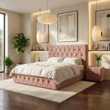 Pat Tapitat Iris Roz Catifea Premium Cu Noptiere Tapitate Disponibil acum