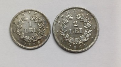Romania -1 Leu 1869+2 Le 1869-Proba-Replicaii dupa 1 leu si 2 lei 1869-probe foto