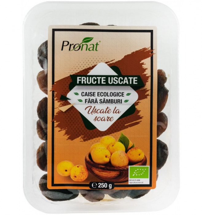 Caise bio fara samburi, fructe uscate la soare, 250g Pronat