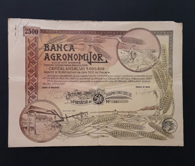 Actiune rara 1925 banca agronomilor , titlu 5 actiuni foto