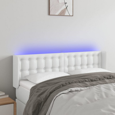 vidaXL Tăblie de pat cu LED, alb, 147x16x78/88 cm, piele ecologică foto