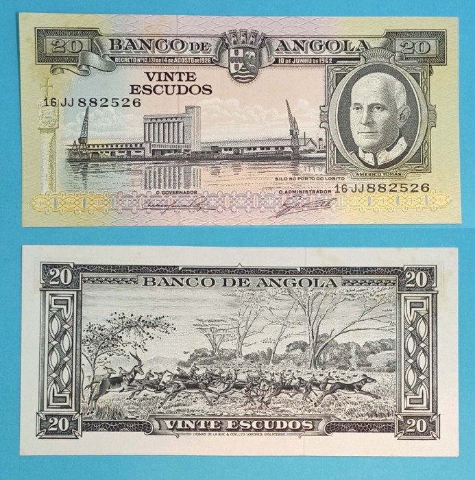 Angola 20 Escudos 1962 &#039;Americo Tomas&#039; aUNC+ serie: 16 JJ882526 p#92