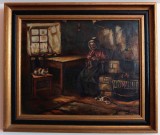 Cumpara ieftin Leduc-Interior la ţară - pictură veche &icirc;n ulei pe p&acirc;nză, Scene gen, Realism