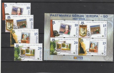 Letonia 2006 - 50 ani Europa CEPT, serie 4 valori dantelate si bloc ,MNH.Mi.656-659 , Bl.21 foto