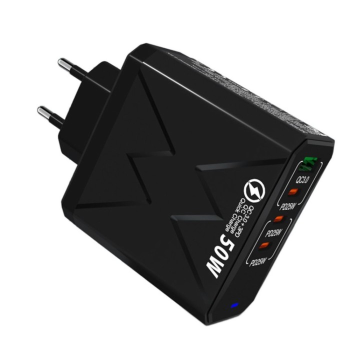 Incarcator Retea 4 in 1, PRESTIGE CHARGE&reg;, Fast Charge, 1 x USB, 3 x Type-C, PD 25 W + QC 3.0, Putere 50W, Incarcare Rapida Simultana, iPhone, Samsung