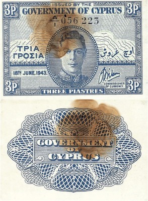 1943 (18 VI), 3 piastres (P-28a.1) - Cipru - stare VF+++! foto