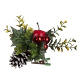 Ornament Crăciun, Floare Cu Clips, Frunze Verzi, Con Brad, Măr Roșu, 10cm, Oem