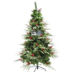 Brad artificial de Craciun, decorat cu conuri pin rosii, pentru interior/exterior, inaltime 210 cm, diametru 142 cm, 767 ramuri, Flippy, verde, suport foto