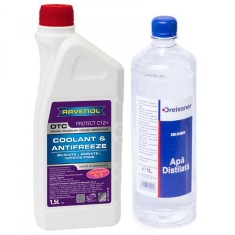Pachet 2.5 litri antigel concentrat Ravenol OTC rosu si apa distilata